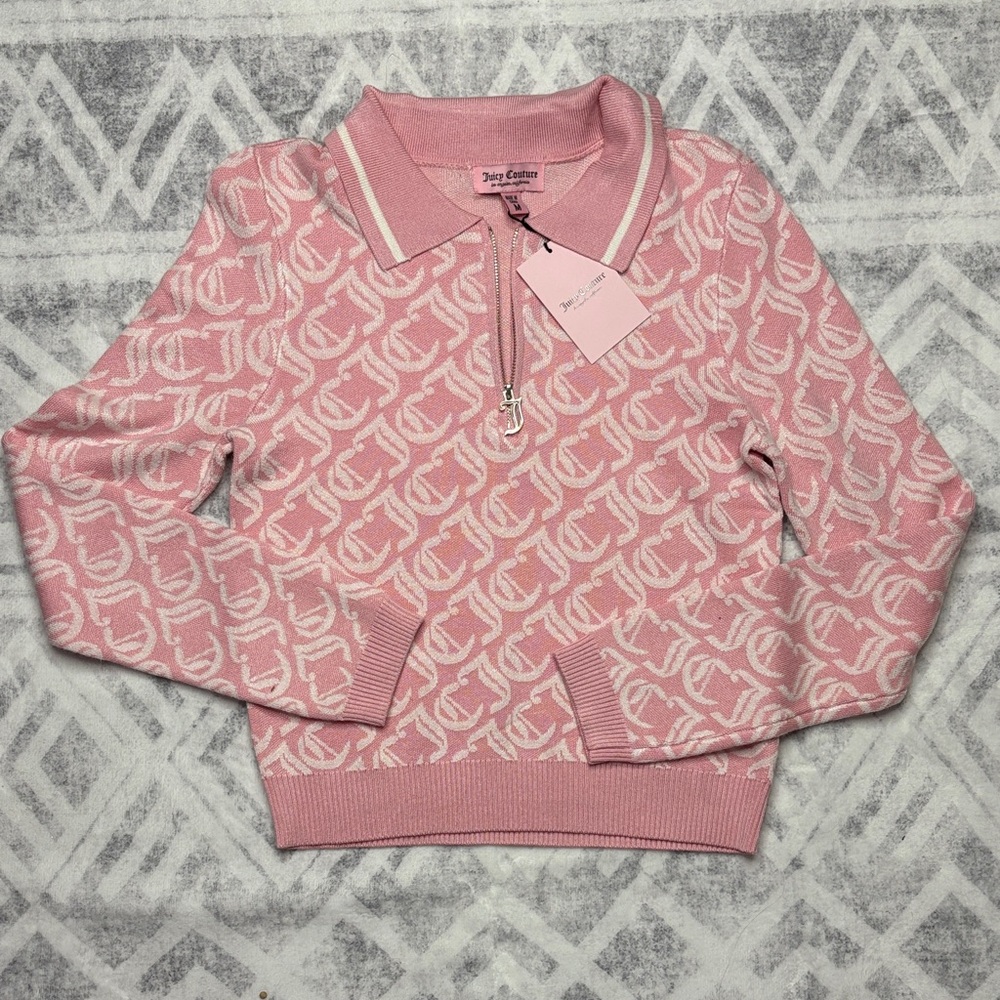 Medium Juicy Couture Pink quarter zip Monogram Pullover whisper pink/oyster - Picture 2 of 6